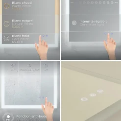 Saniverre Miroir LED lumineux TEMEO 60 x 80 cm (ou 80x60) antibuée + intensité 2100 lms & couleur réglables salle de bain -
