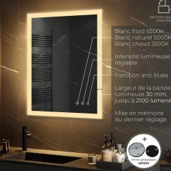 Saniverre Miroir LED lumineux TEMEO 70 x 100 cm (ou 100x70) antibuée + intensité 2100 lms & couleur réglables salle de bain -