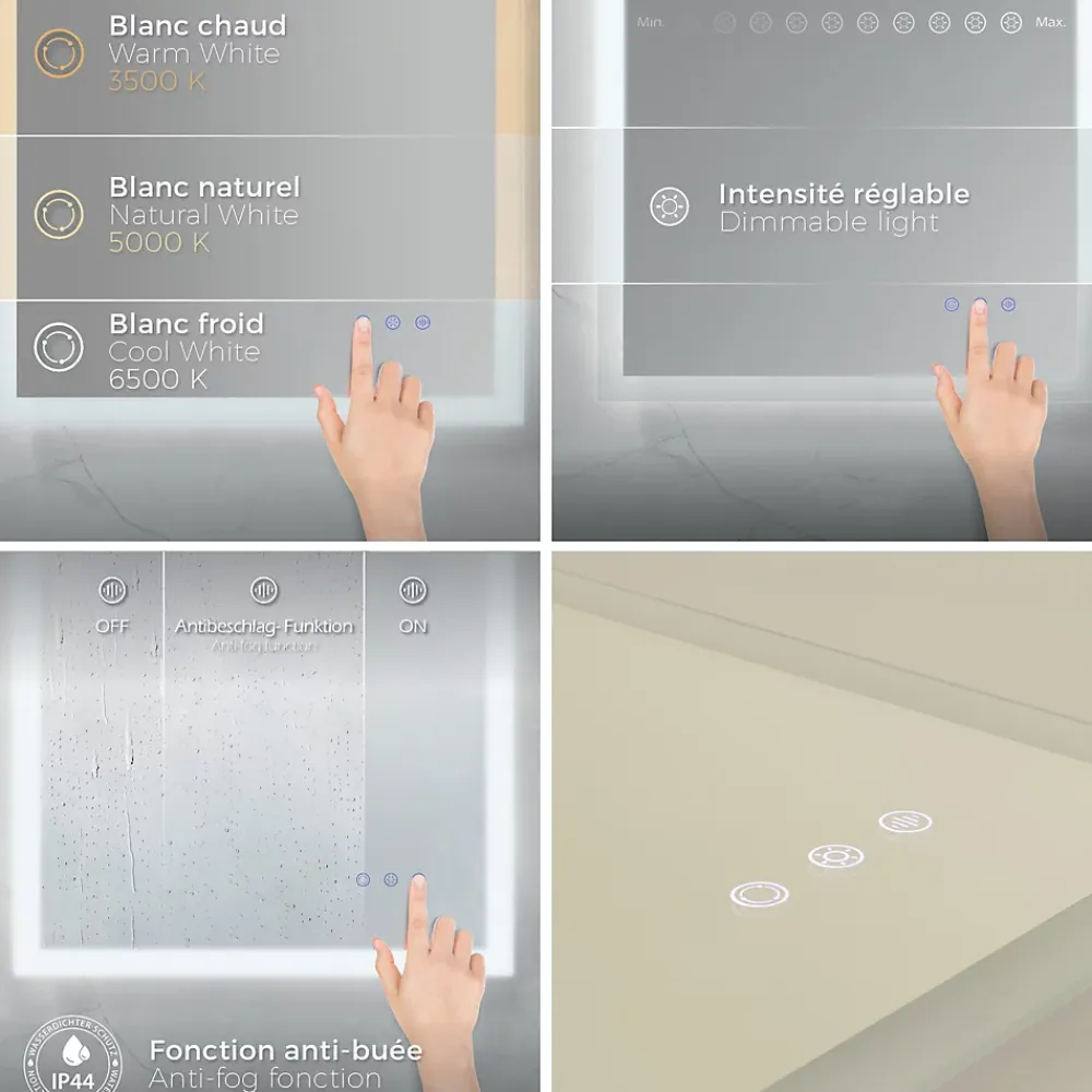 Saniverre Miroir LED lumineux TEMEO 70 x 100 cm (ou 100x70) antibuée + intensité 2100 lms & couleur réglables salle de bain -