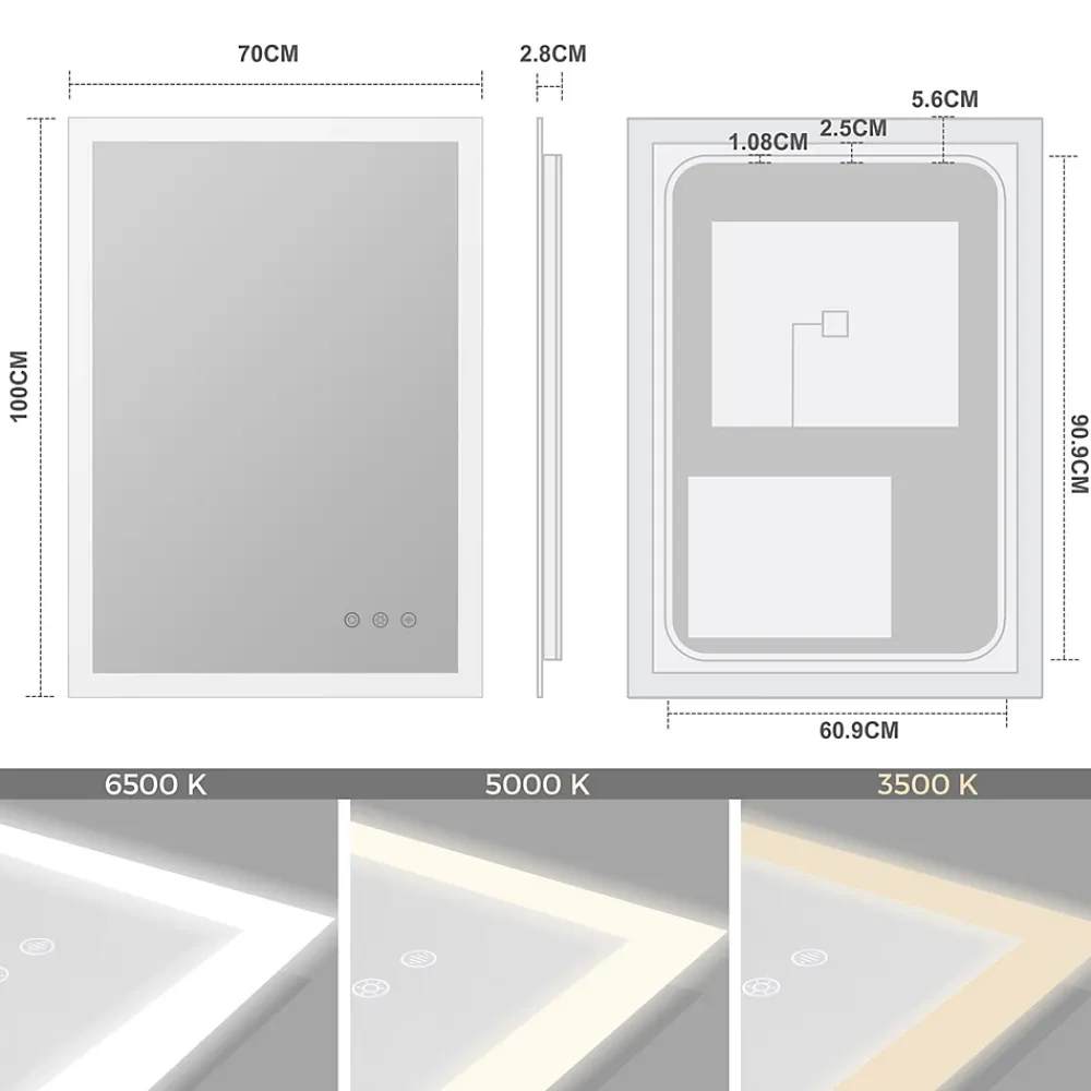 Saniverre Miroir LED lumineux TEMEO 70 x 100 cm (ou 100x70) antibuée + intensité 2100 lms & couleur réglables salle de bain -