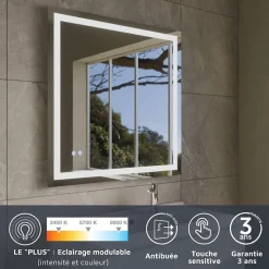 Cuisibane Miroir LED modulable et antibuée VISTA PLUS - 80x80 cm