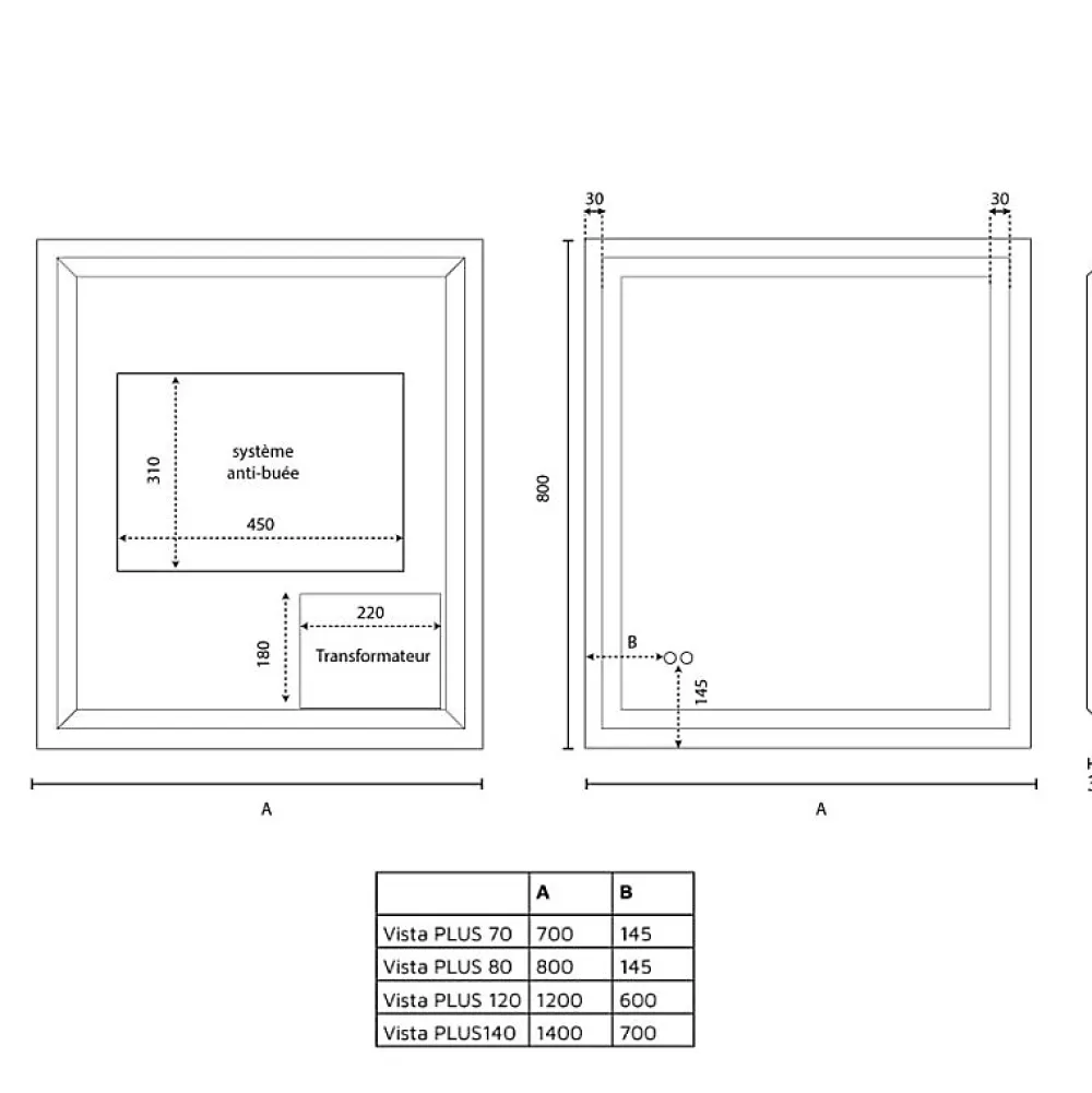 Cuisibane Miroir LED modulable et antibuée VISTA PLUS - 80x80 cm