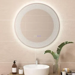 Miroir Lumineux|Giantex Miroir LED Mural de Salle de Bain Eclairage LED 3 Couleurs Fonction Memoire Antibuee Lecture Heure Temperature Rond-Blanc