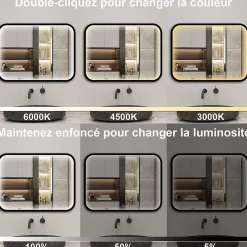 AICA Sanitaire Miroir LED pour Salle de Bain 120x70 cm - Anti-Buée, Lumière tricolore et Dimmable