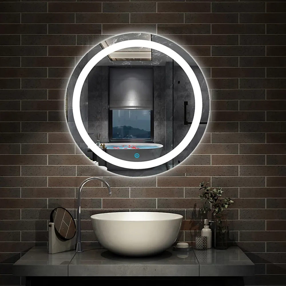 AICA Sanitaire Miroir LED rond de 60cm, dimmable + mémoire + antibuée, IP44, avec interrupteur tactile, 6000k blanc froid,