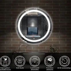 AICA Sanitaire Miroir LED rond de 60cm, dimmable + mémoire + antibuée, IP44, avec interrupteur tactile, 6000k blanc froid,