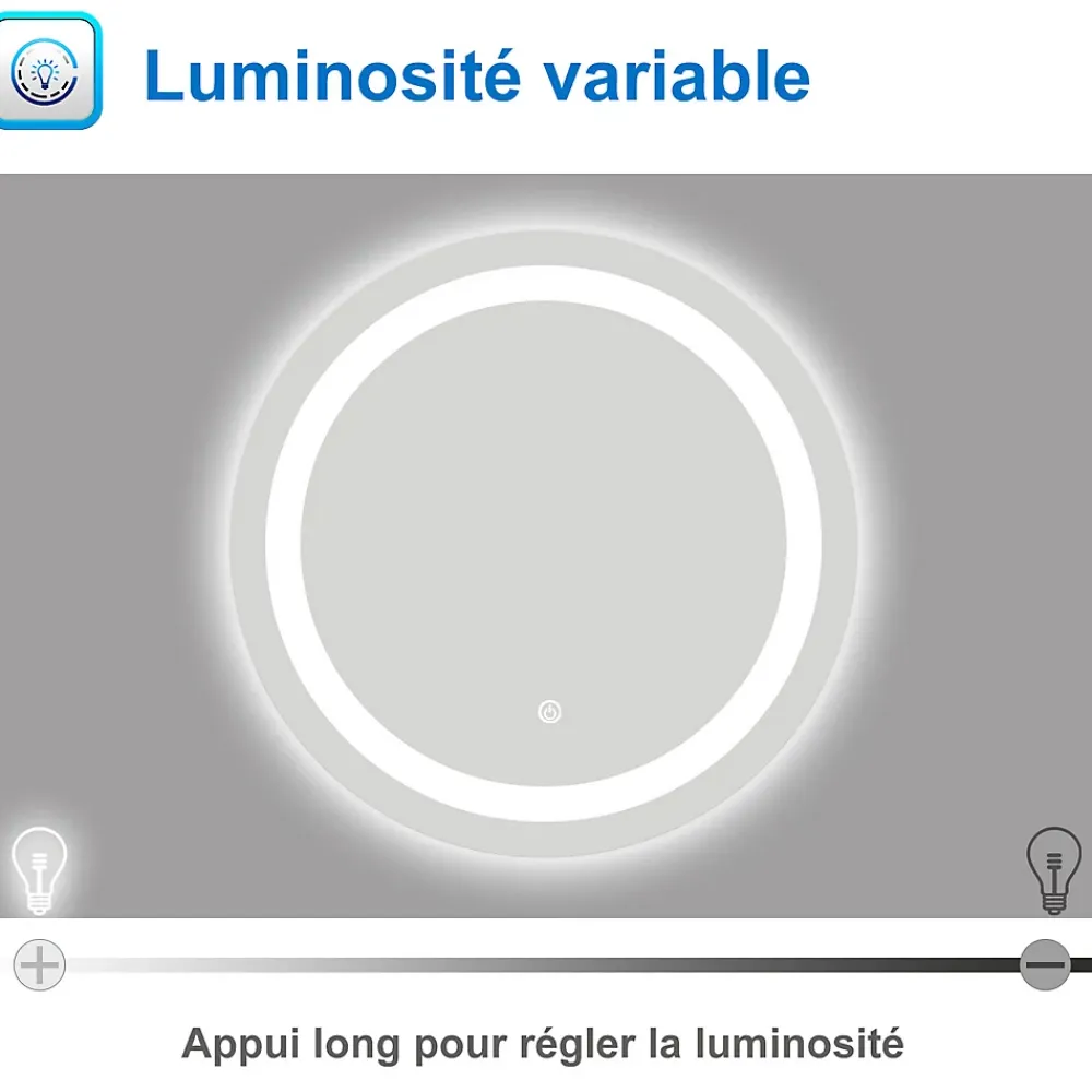 AICA Sanitaire Miroir LED rond de 60cm, dimmable + mémoire + antibuée, IP44, avec interrupteur tactile, 6000k blanc froid,