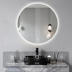 Saniland Miroir LED rond pour salle de bain de diamètre 60cm avec éclairage LED lumière froide