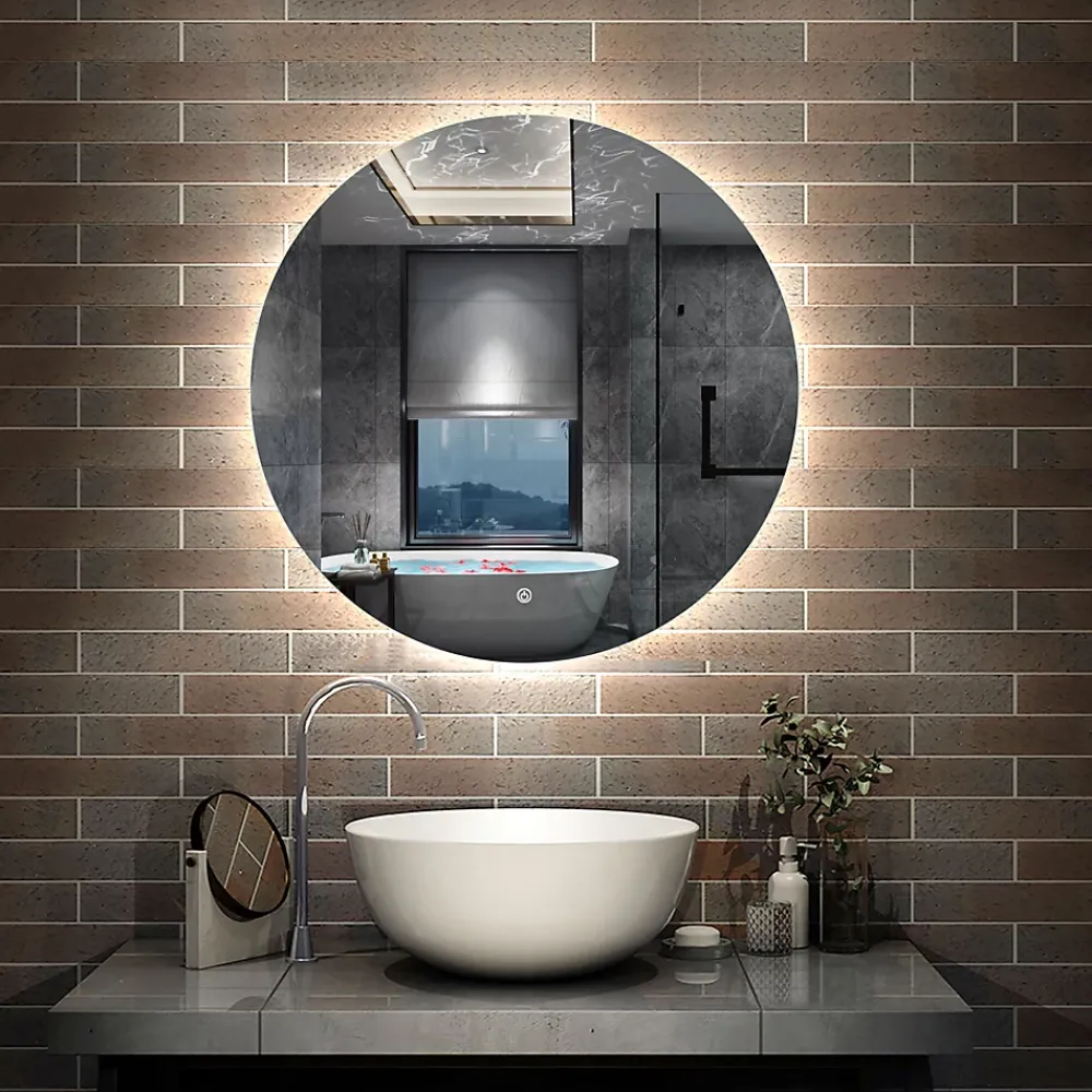 AICA Sanitaire Miroir LED rond sans cadre de 90cm, dimmable + mémoire + antibuée, IP44, horizontal/vertical, 6000k blanc froid,
