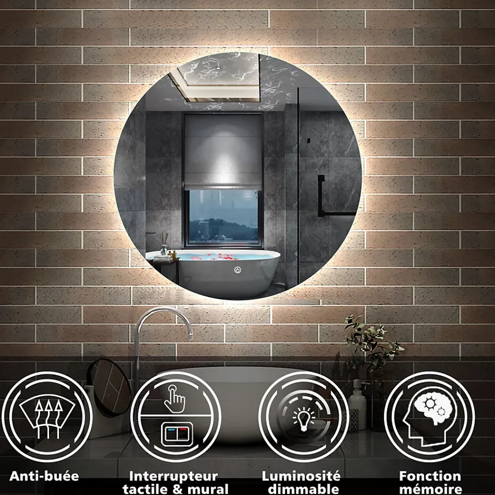 AICA Sanitaire Miroir LED rond sans cadre de 90cm, dimmable + mémoire + antibuée, IP44, horizontal/vertical, 6000k blanc froid,