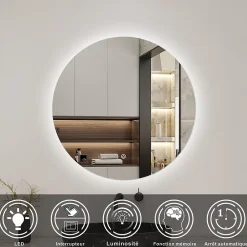 Miroir Lumineux|AICA Sanitaire Miroir LED rond sans cadre de 80cm, dimmable + mémoire, IP44, horizontal/vertical, 6000k blanc froid,