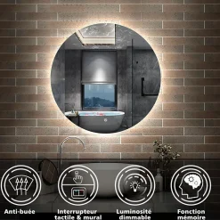 Miroir Lumineux|AICA Sanitaire Miroir LED rond sans cadre de 80cm, dimmable + mémoire + antibuée, IP44, horizontal/vertical, 6000k blanc froid,