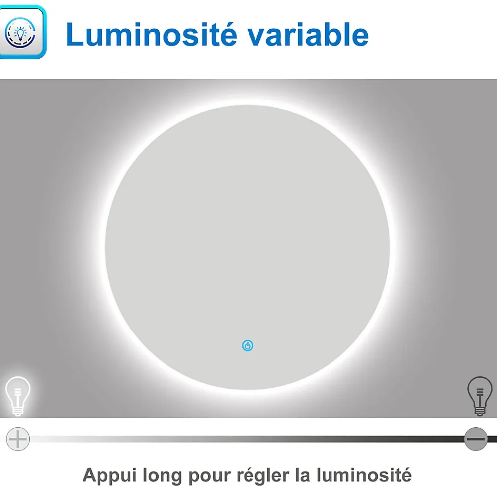 AICA Sanitaire Miroir LED rond sans cadre de 70cm, dimmable + mémoire, IP44, horizontal/vertical, 6000k blanc froid,