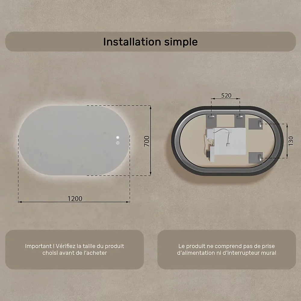 Artforma Miroir LED Salle de Bain - - Ovale - 120x70cm - LED Dual + interrupteur tactile + anti-buée