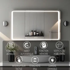 Miroir Lumineux|Saniland Miroir LED Salle de bain 120x70cm avec horloge digitale et hauts parleurs Bluetooth
