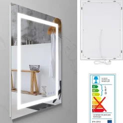 Saniverre Miroir LED salle de bain OBLONG 60 x 80 cm réversible, anti-buée + éclairage et intensité réglables -