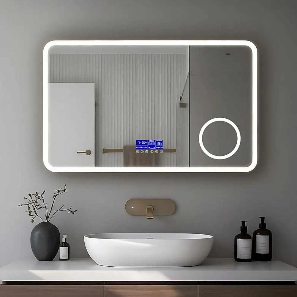 Mon Beau bain Miroir LED spécial maquillage 100x60 avec zone grossissante X3 et horloge digitale pour salle de bain