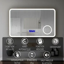 Miroir Grossissant Lumineux|Mon Beau bain Miroir LED spécial maquillage 80x60 avec zone grossissante X3 et horloge digitale pour salle de bain