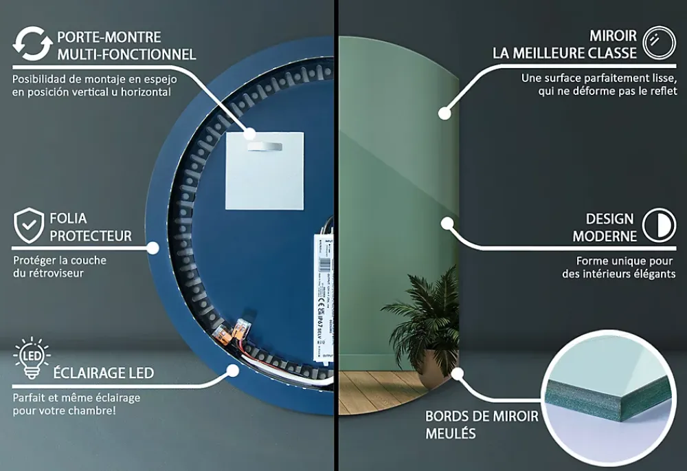 Tulup Miroir LED 70x80 cm style épuré lumière chaude 1 pc