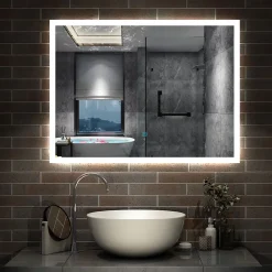Miroir Lumineux|AICA Sanitaire Miroir lumineux à LED, 60x50cm, dimmable, avec mémoire et anti-buée, IP44, horizontal/vertical, blanc froid,