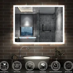 Miroir Lumineux|AICA Sanitaire Miroir lumineux à LED, 60x50cm, dimmable, avec mémoire et anti-buée, IP44, horizontal/vertical, blanc froid,