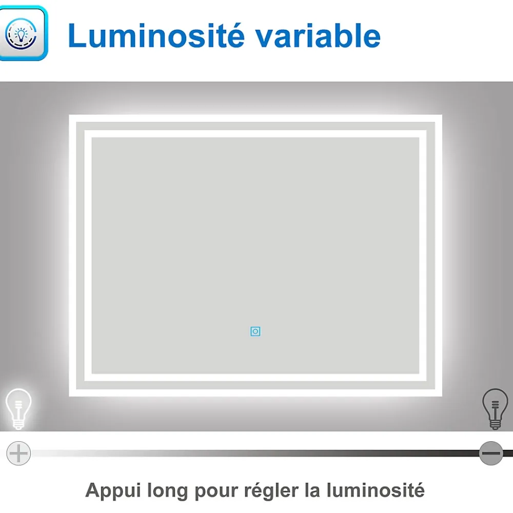 Miroir Lumineux|AICA Sanitaire Miroir lumineux à LED, 60x50cm, dimmable, avec mémoire et anti-buée, IP44, horizontal/vertical, blanc froid,