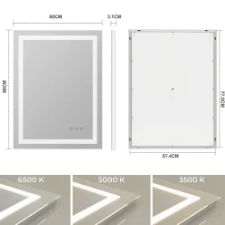 Miroir Lumineux|Saniverre Miroir lumineux CIMEO 60 x 80 cm (ou 80x60) LED 2100 lms, antibuée + intensité & couleur réglables salle de bain -