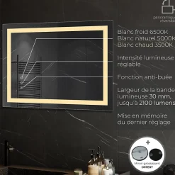 Saniverre Miroir lumineux CIMEO 70 x 90 cm (ou 90x70) LED 2100 lms, antibuée + intensité & couleur réglables salle de bain -