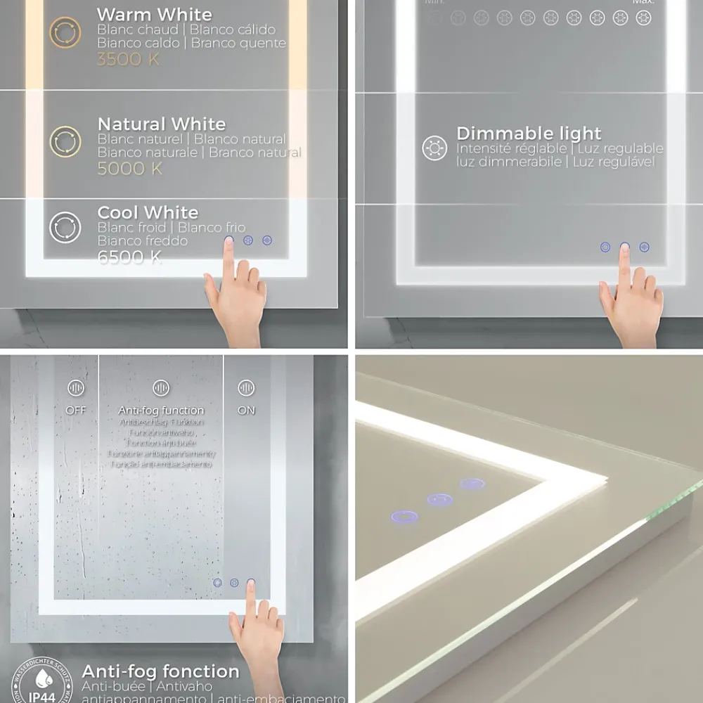 Saniverre Miroir lumineux CIMEO 70 x 90 cm (ou 90x70) LED 2100 lms, antibuée + intensité & couleur réglables salle de bain -