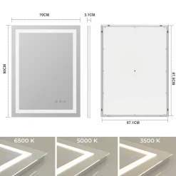Saniverre Miroir lumineux CIMEO 70 x 90 cm (ou 90x70) LED 2100 lms, antibuée + intensité & couleur réglables salle de bain -
