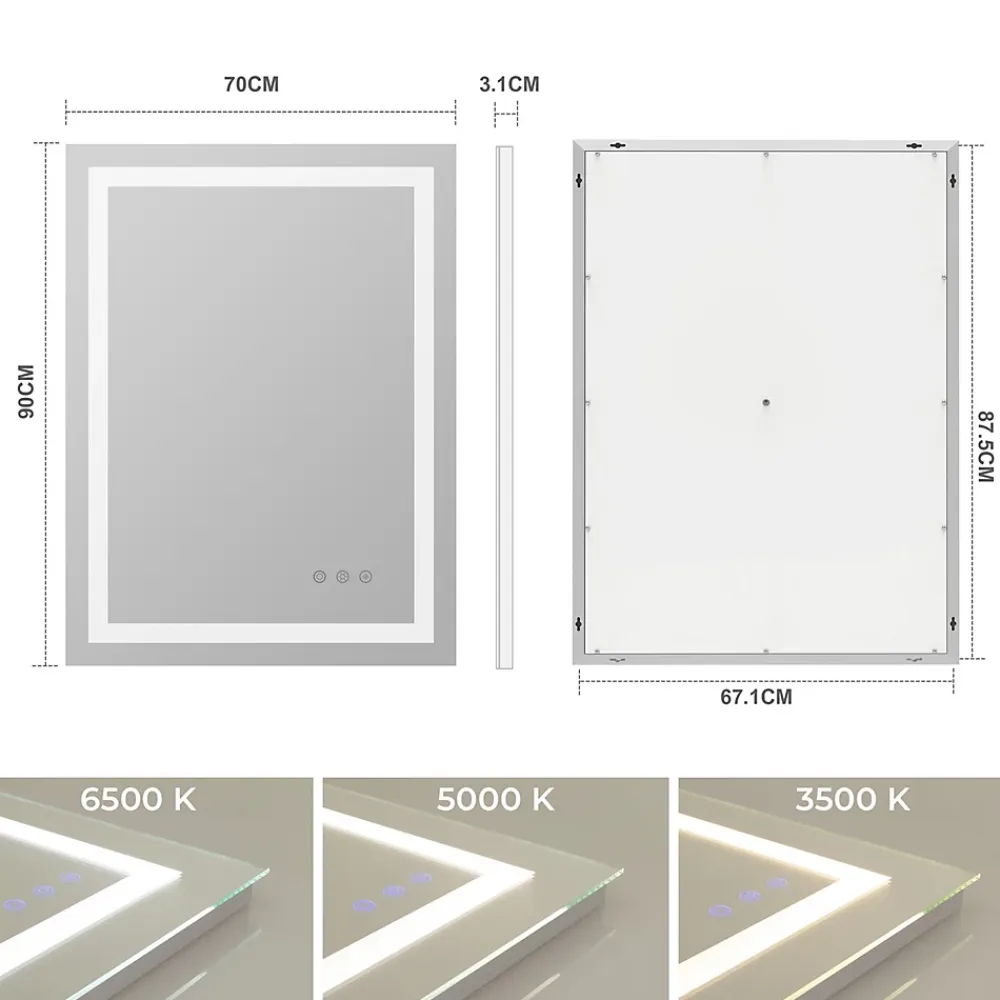 Saniverre Miroir lumineux CIMEO 70 x 90 cm (ou 90x70) LED 2100 lms, antibuée + intensité & couleur réglables salle de bain -