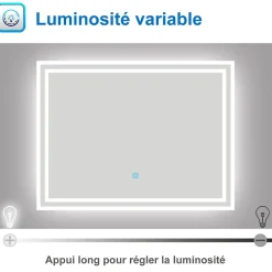 Miroir Lumineux|AICA Sanitaire Miroir lumineux dimmable, 80x60cm, avec mémoire, salle de bain anti-buée, 6000k blanc froid, IP44,