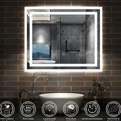 Miroir Lumineux|AICA Sanitaire Miroir lumineux dimmable, 70x50cm, avec mémoire, salle de bain anti-buée, 6000k blanc froid, IP44,