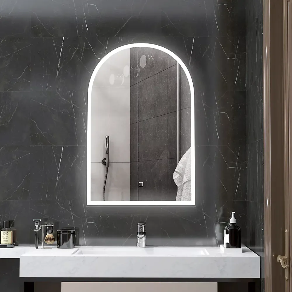 Miroir Lumineux|Homcom Miroir lumineux LED arqué de salle de bain 90 x 60 cm - tactile, réglable, anti-buée - alu noir