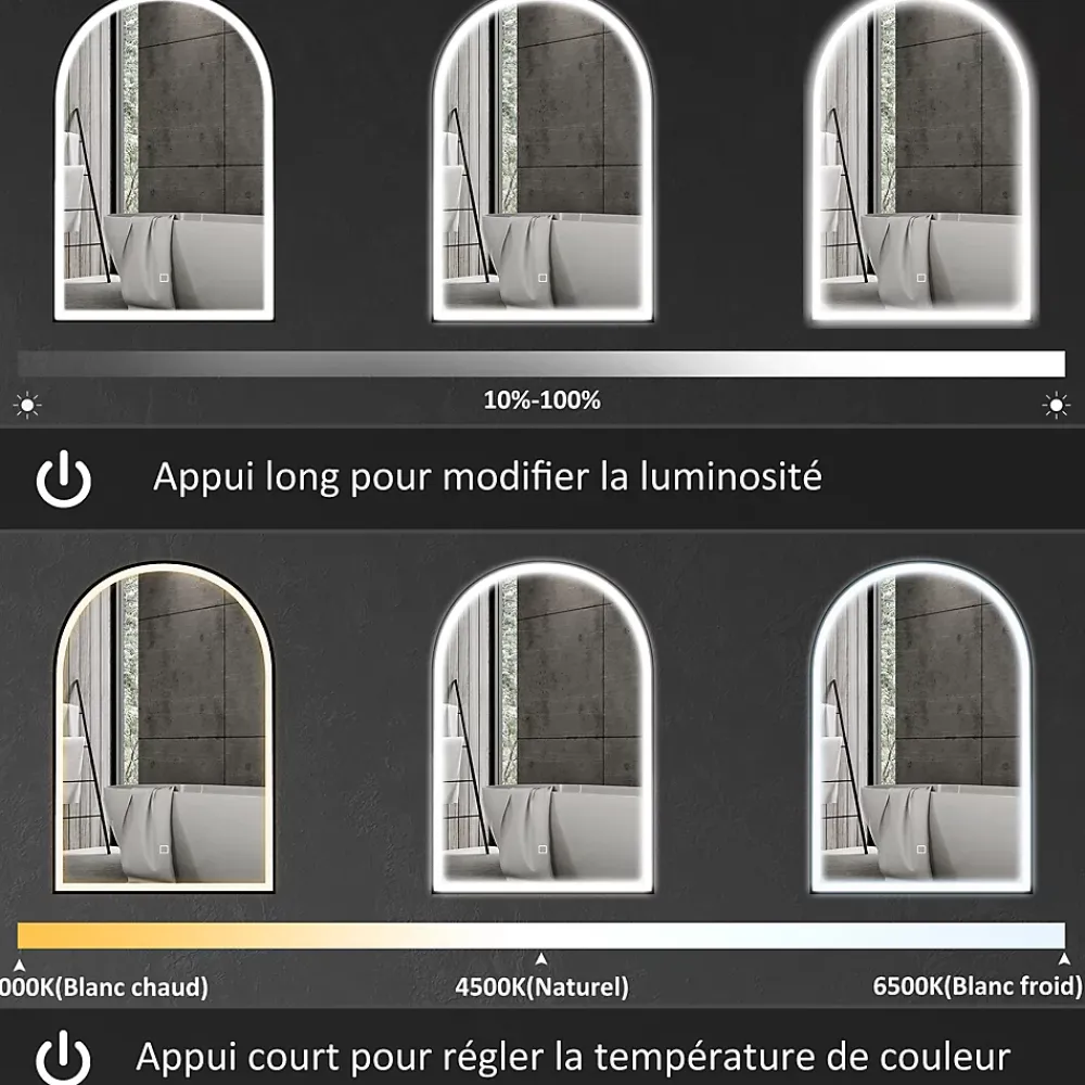 Miroir Lumineux|Homcom Miroir lumineux LED arqué de salle de bain 90 x 60 cm - tactile, réglable, anti-buée - alu noir