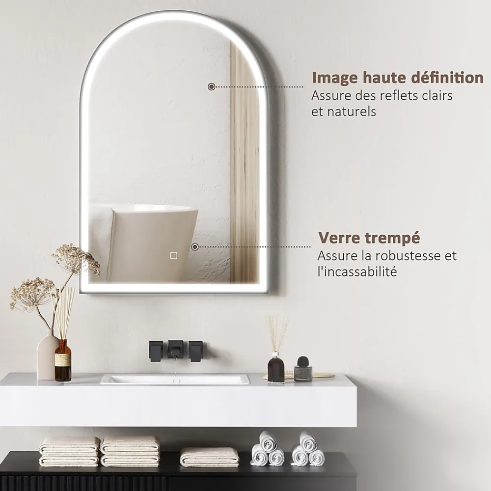 Miroir Lumineux|Homcom Miroir lumineux LED arqué de salle de bain 90 x 60 cm - tactile, réglable, anti-buée - alu noir