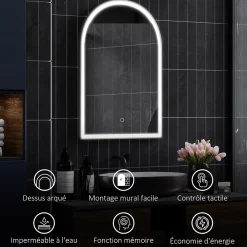 Miroir Lumineux|Homcom Miroir lumineux LED arqué de salle de bain 90 x 60 cm - tactile, réglable, anti-buée - alu noir