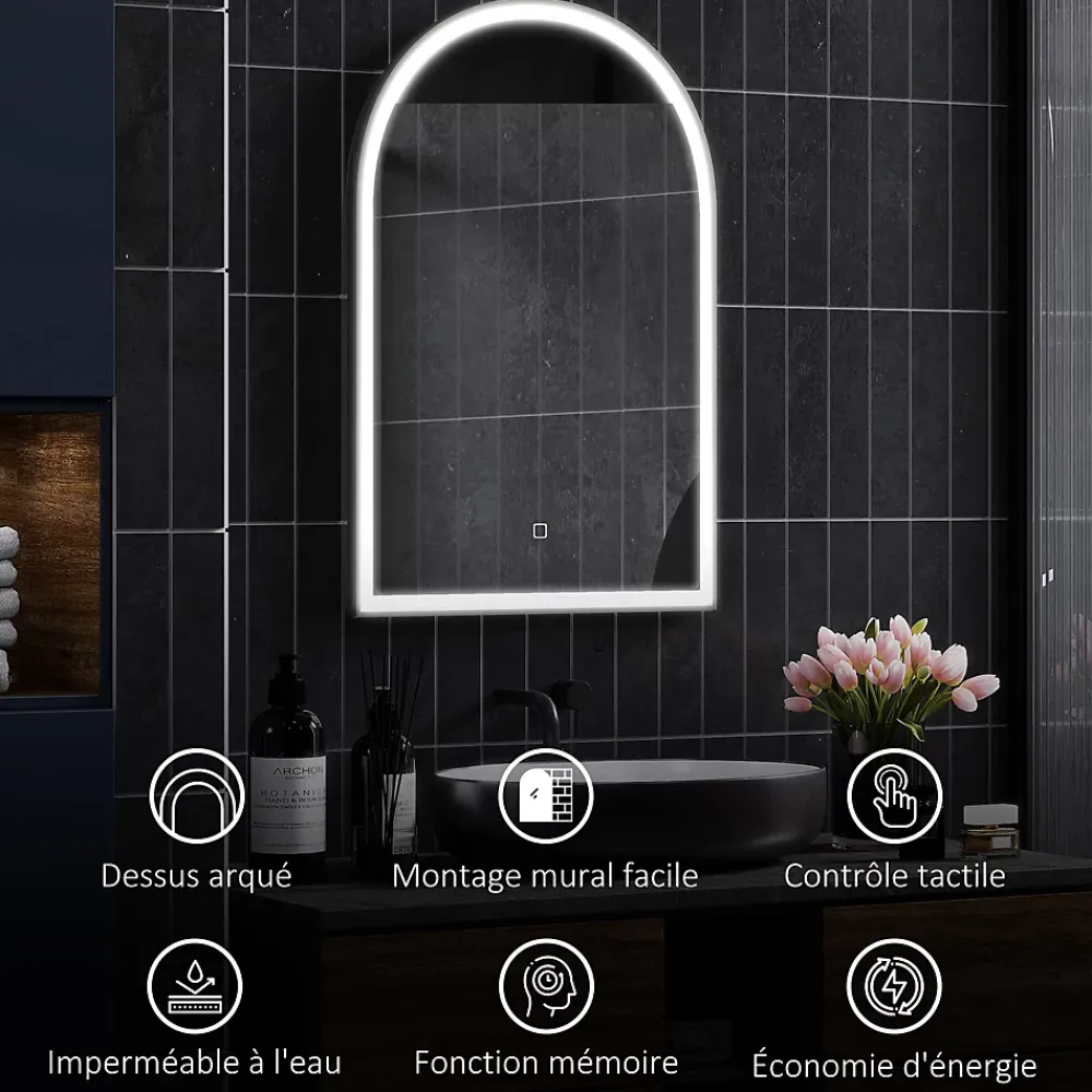 Miroir Lumineux|Homcom Miroir lumineux LED arqué de salle de bain 90 x 60 cm - tactile, réglable, anti-buée - alu noir