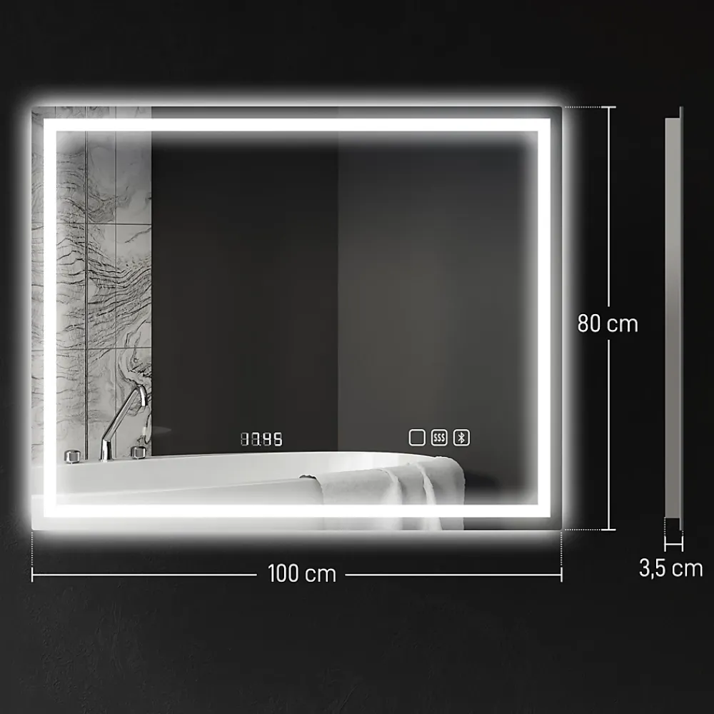 Miroir Lumineux|Homcom Miroir lumineux LED salle de bain 100x80cm bluetooth interrupteur tactile lumière réglable 3 couleurs fonction antibuée mémoire