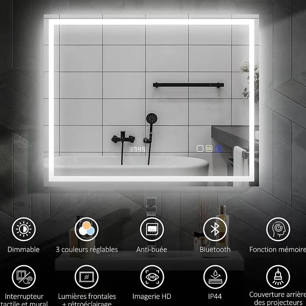 Miroir Lumineux|Homcom Miroir lumineux LED salle de bain 100x80cm bluetooth interrupteur tactile lumière réglable 3 couleurs fonction antibuée mémoire