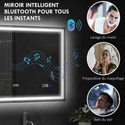 Miroir Lumineux|Homcom Miroir lumineux LED salle de bain 100x80cm bluetooth interrupteur tactile lumière réglable 3 couleurs fonction antibuée mémoire