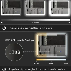 Miroir Lumineux|Homcom Miroir lumineux LED salle de bain 100x80cm bluetooth interrupteur tactile lumière réglable 3 couleurs fonction antibuée mémoire