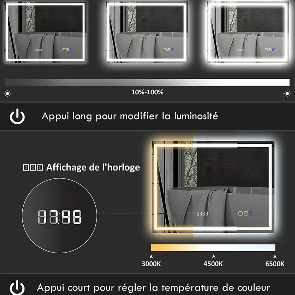 Miroir Lumineux|Homcom Miroir lumineux LED salle de bain 100x80cm bluetooth interrupteur tactile lumière réglable 3 couleurs fonction antibuée mémoire
