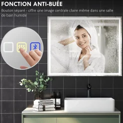 Miroir Lumineux|Homcom Miroir lumineux LED salle de bain 100x80cm bluetooth interrupteur tactile lumière réglable 3 couleurs fonction antibuée mémoire