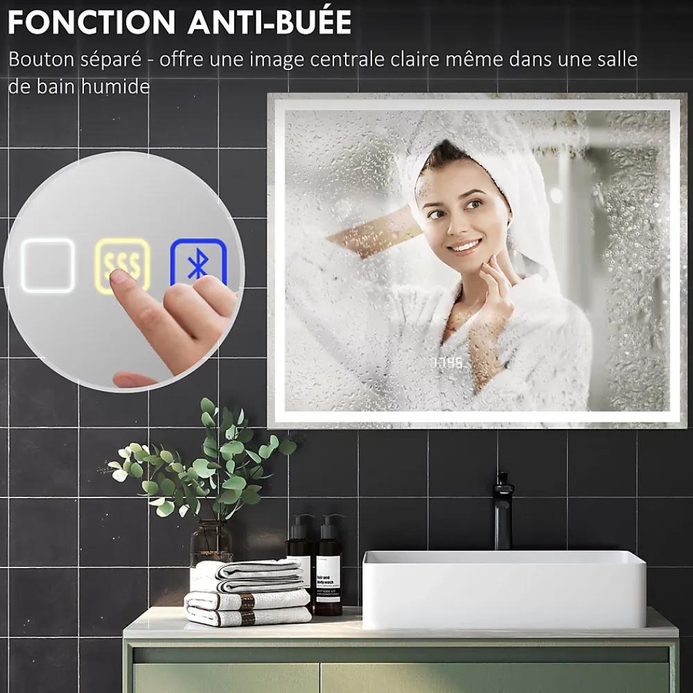 Miroir Lumineux|Homcom Miroir lumineux LED salle de bain 100x80cm bluetooth interrupteur tactile lumière réglable 3 couleurs fonction antibuée mémoire