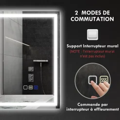 Miroir Lumineux|Homcom Miroir lumineux LED salle de bain 100x80cm bluetooth interrupteur tactile lumière réglable 3 couleurs fonction antibuée mémoire