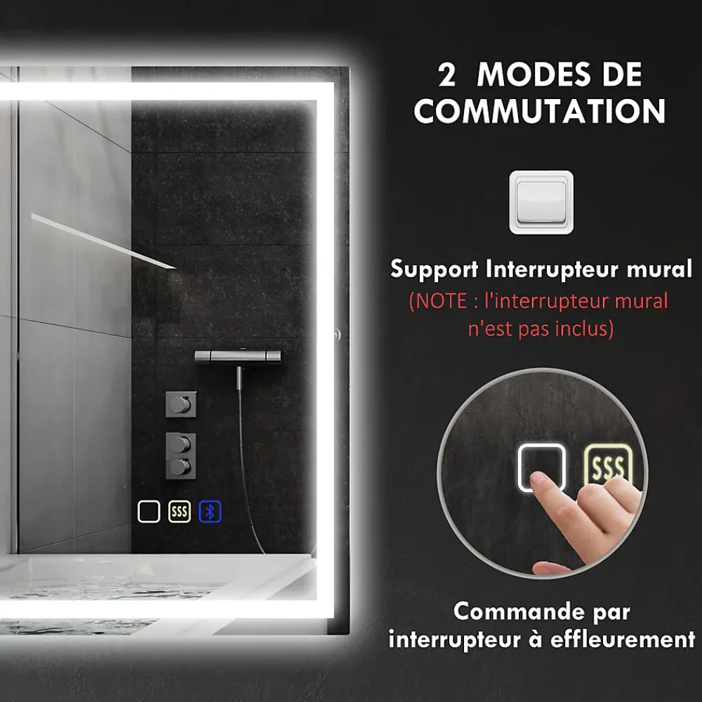 Miroir Lumineux|Homcom Miroir lumineux LED salle de bain 100x80cm bluetooth interrupteur tactile lumière réglable 3 couleurs fonction antibuée mémoire
