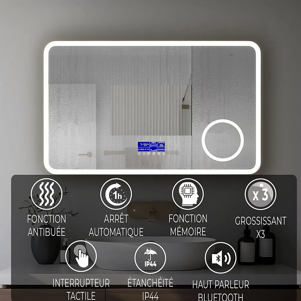 Saniland Miroir lumineux 160x800 pour salle de bain avec zone grossissante et hauts parleurs Bluetooth