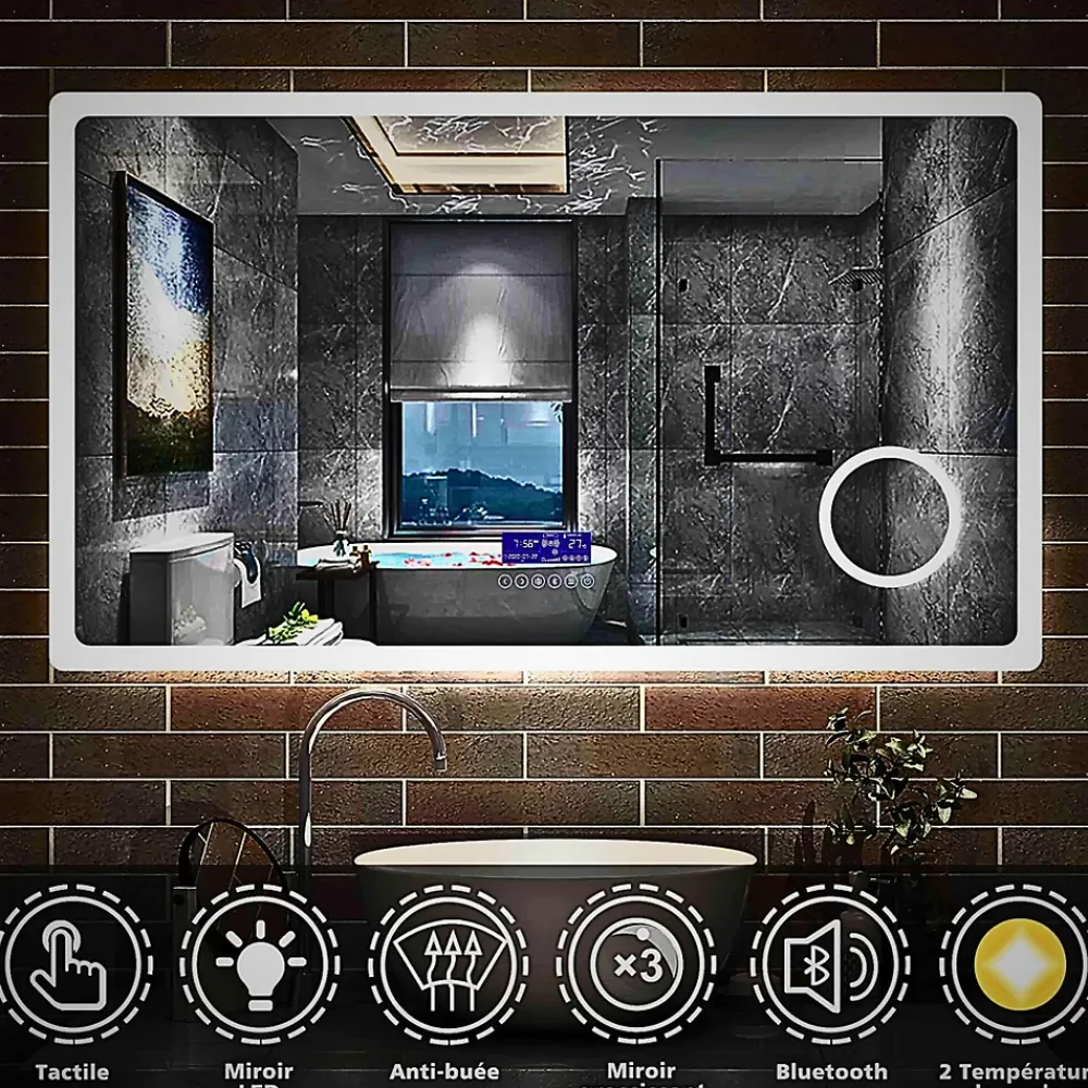 Saniland Miroir lumineux 160x800 pour salle de bain avec zone grossissante et hauts parleurs Bluetooth