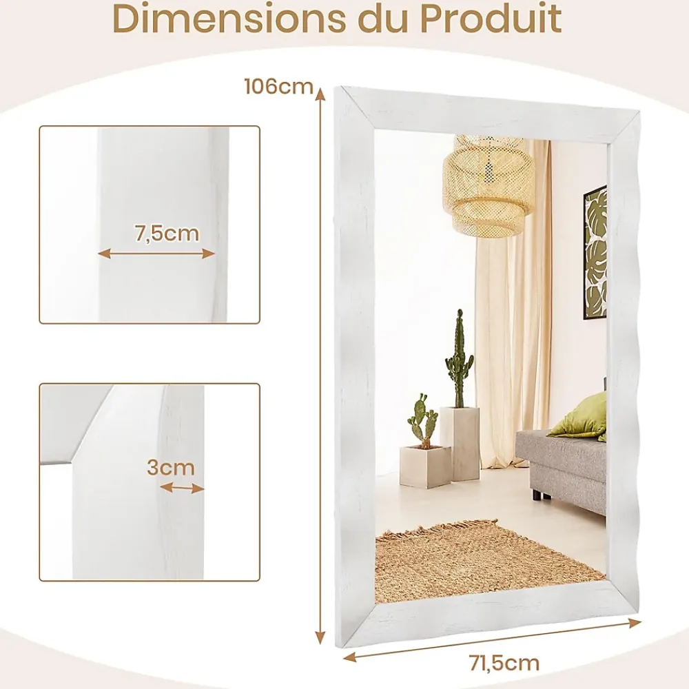 Giantex Miroir Mural 106 x 71,5 cm, Cadre en Bois d'Hévéa, Miroir de Courtoisie à Suspension, pour Salle de Bain, Salon, Entrée, Blanc